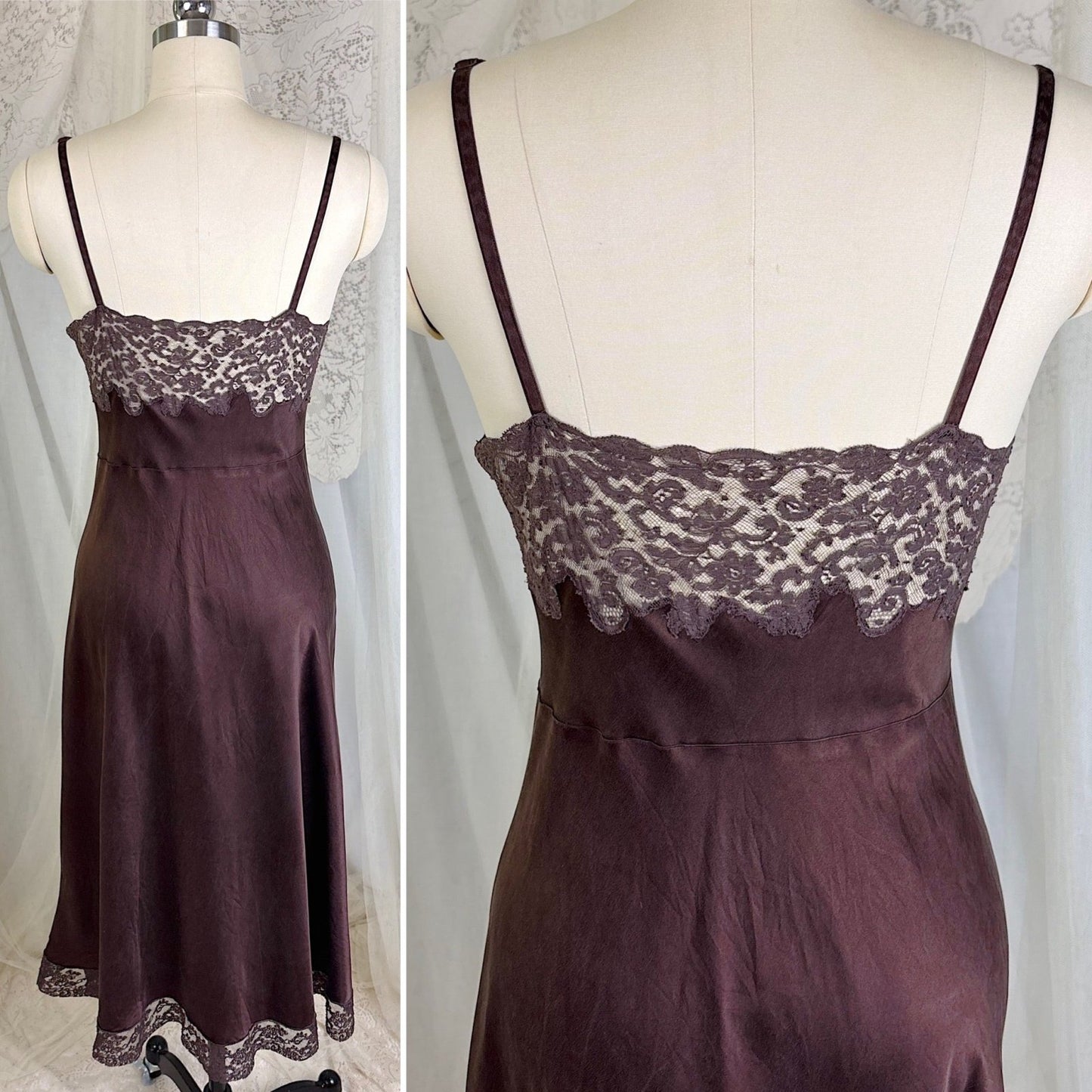 Vintage 1930's - 1940's Deep Mocha Brown Silk Satin with Cotton Lace by Fischer's Heavenly, Size LG, XLG - Daggers & Dames