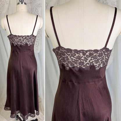 Vintage 1930's - 1940's Deep Mocha Brown Silk Satin with Cotton Lace by Fischer's Heavenly, Size LG, XLG - Daggers & Dames