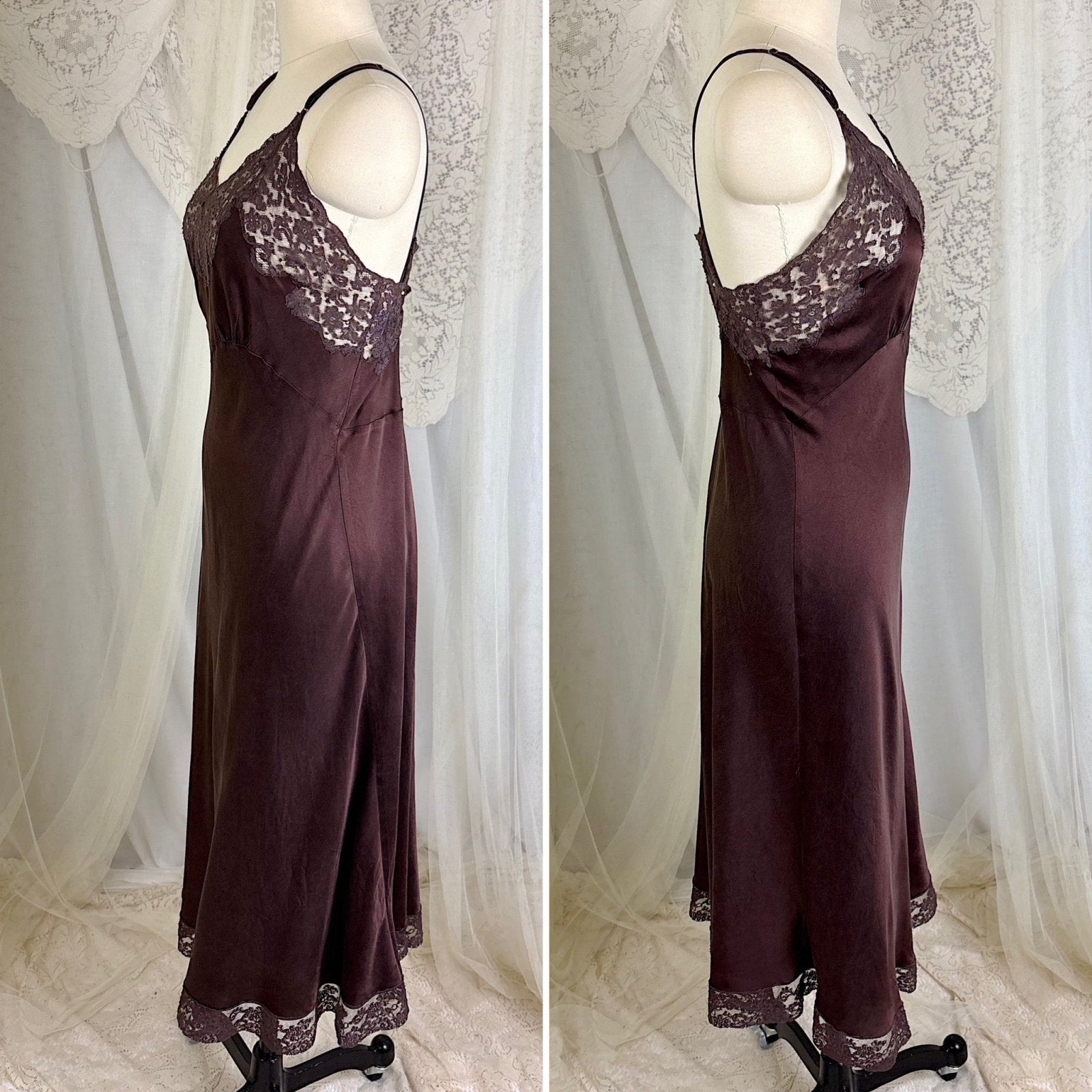 Vintage 1930's - 1940's Deep Mocha Brown Silk Satin with Cotton Lace by Fischer's Heavenly, Size LG, XLG - Daggers & Dames