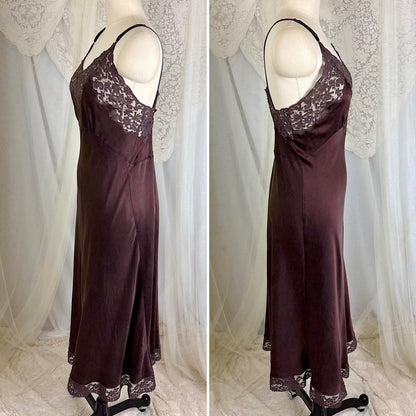 Vintage 1930's - 1940's Deep Mocha Brown Silk Satin with Cotton Lace by Fischer's Heavenly, Size LG, XLG - Daggers & Dames