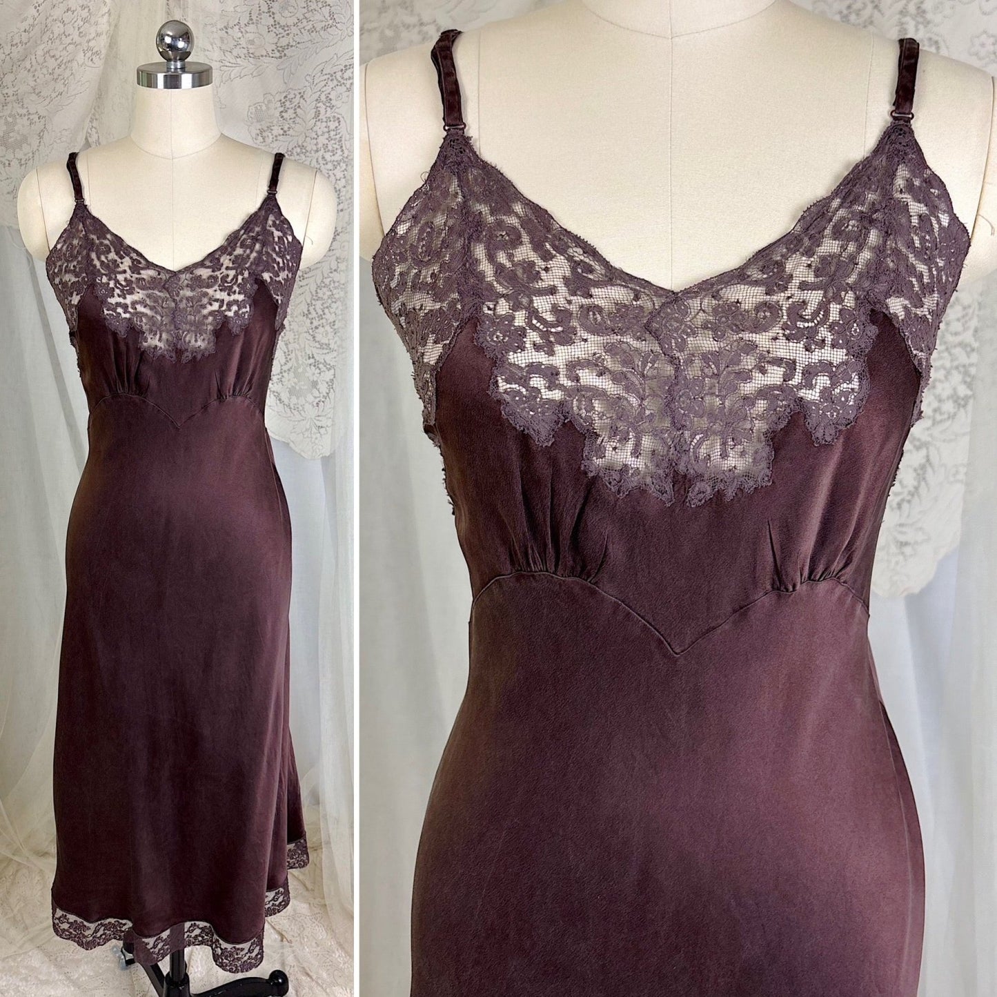 Vintage 1930's - 1940's Deep Mocha Brown Silk Satin with Cotton Lace by Fischer's Heavenly, Size LG, XLG - Daggers & Dames
