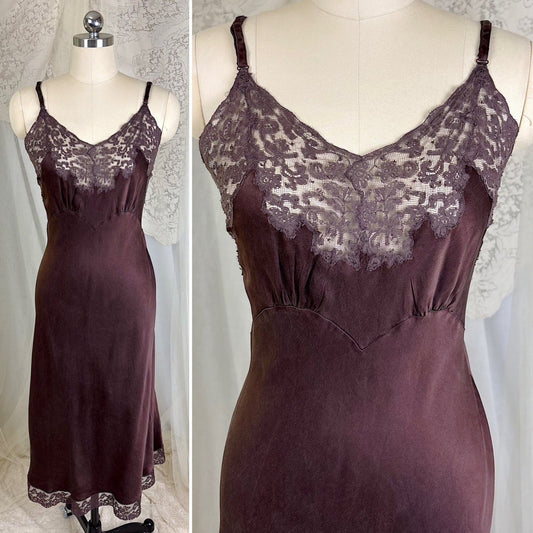 Vintage 1930's - 1940's Deep Mocha Brown Silk Satin with Cotton Lace by Fischer's Heavenly, Size LG, XLG - Daggers & Dames