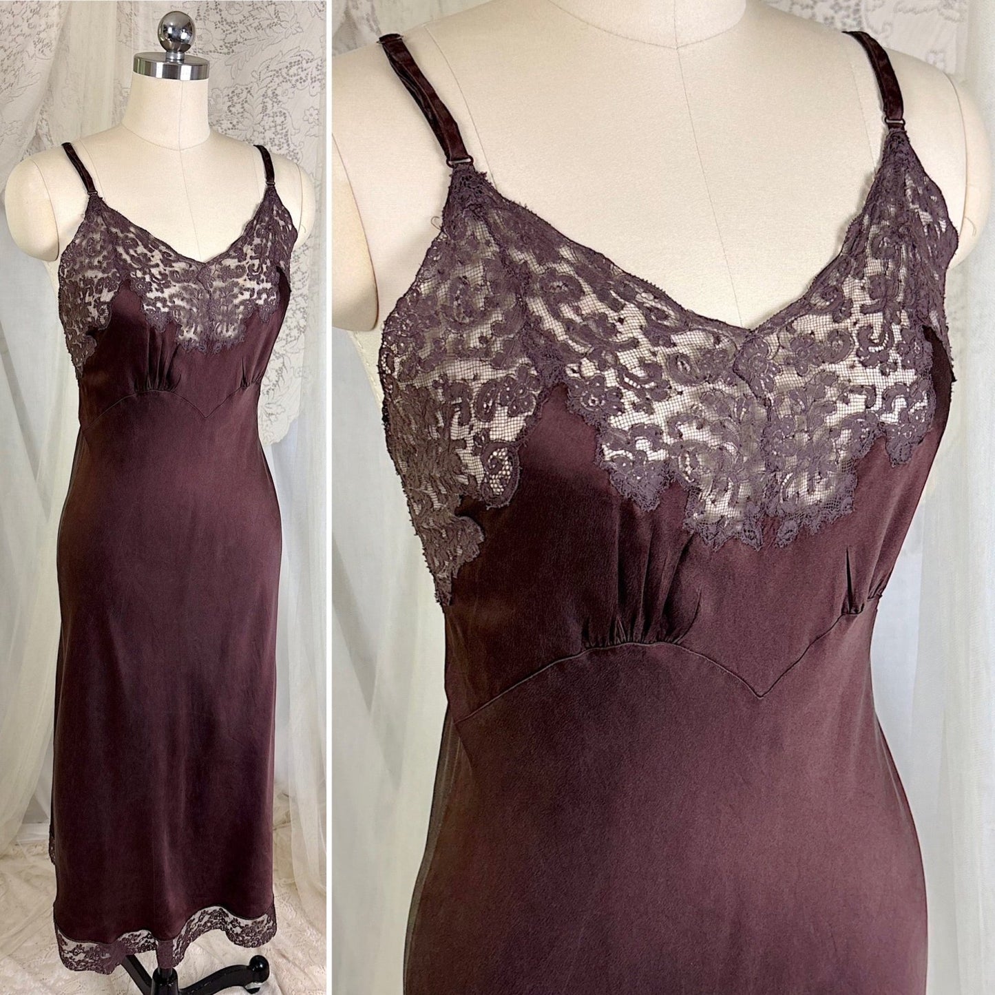 Vintage 1930's - 1940's Deep Mocha Brown Silk Satin with Cotton Lace by Fischer's Heavenly, Size LG, XLG - Daggers & Dames