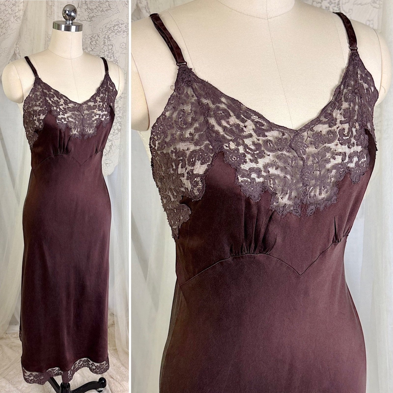 Vintage 1930's - 1940's Deep Mocha Brown Silk Satin with Cotton Lace by Fischer's Heavenly, Size LG, XLG - Daggers & Dames