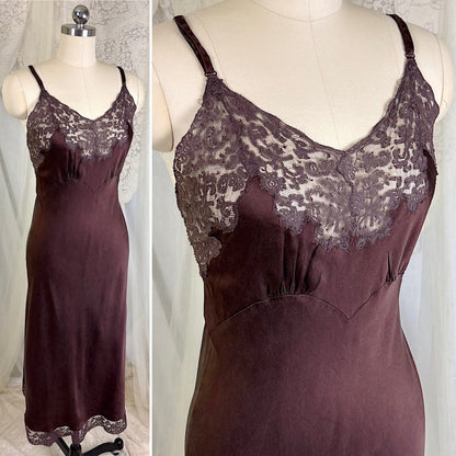 Vintage 1930's - 1940's Deep Mocha Brown Silk Satin with Cotton Lace by Fischer's Heavenly, Size LG, XLG - Daggers & Dames