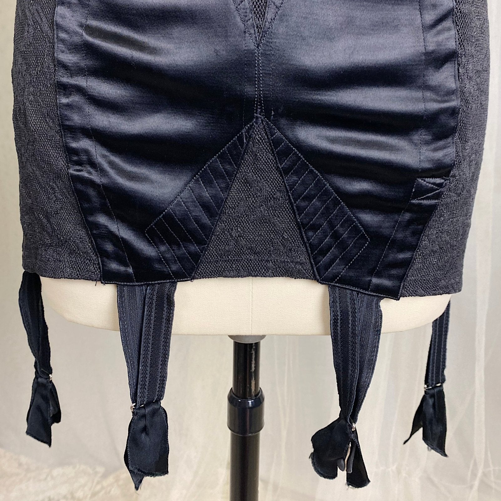 Vintage 1930's - 1940's Girdle - Black Floral Lace with Art Deco Rayon Satin Panels | Size S, M | Fairbelt Dentellastex Tiburce Lebas, Paris - Daggers & Dames