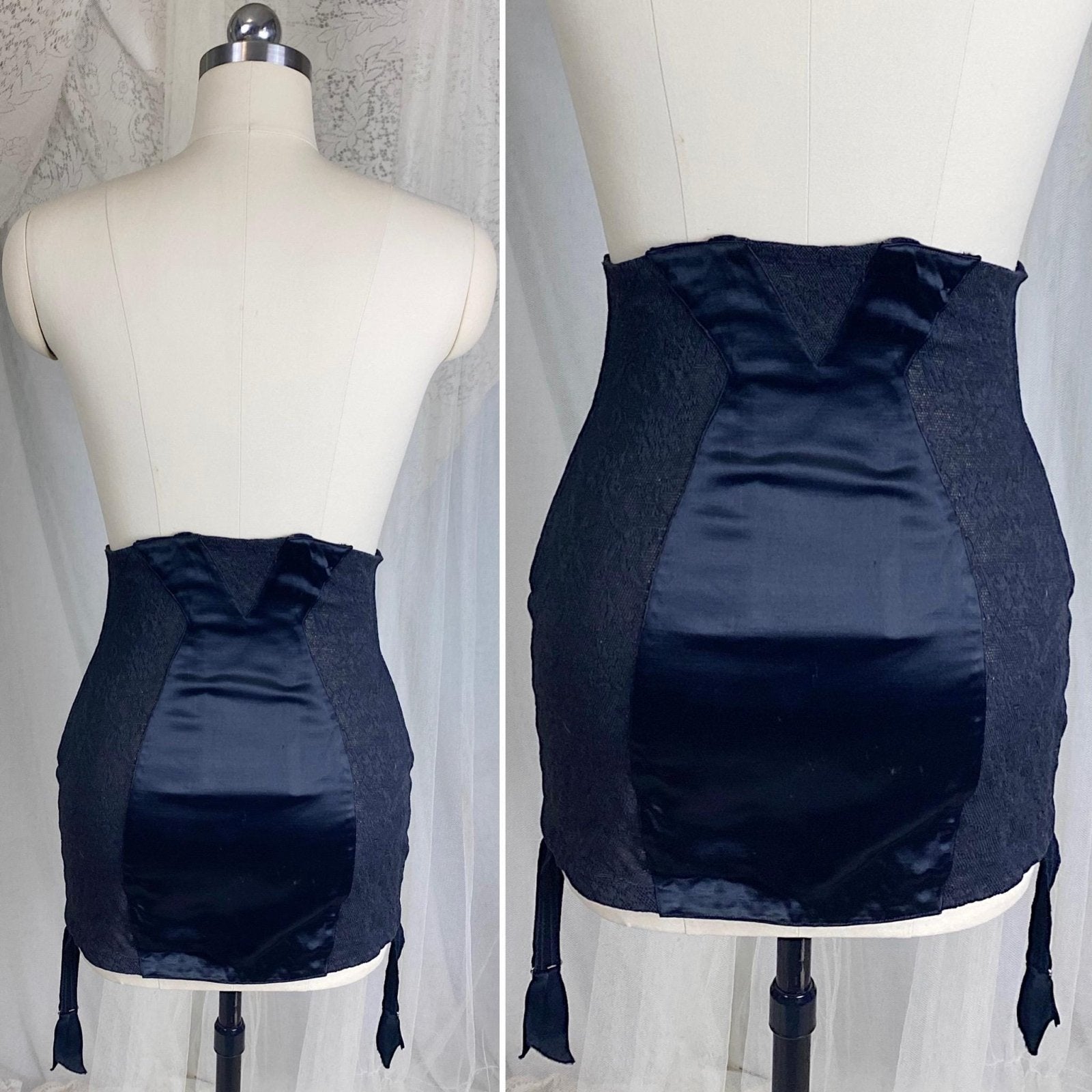 Vintage 1930's - 1940's Girdle - Black Floral Lace with Art Deco Rayon Satin Panels | Size S, M | Fairbelt Dentellastex Tiburce Lebas, Paris - Daggers & Dames