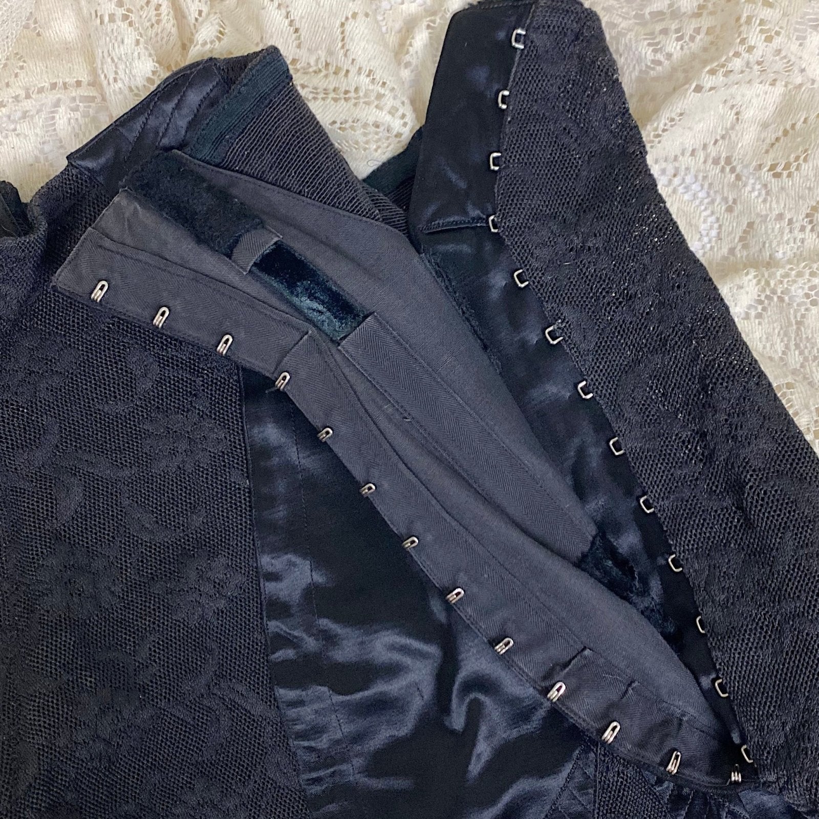 Vintage 1930's - 1940's Girdle - Black Floral Lace with Art Deco Rayon Satin Panels | Size S, M | Fairbelt Dentellastex Tiburce Lebas, Paris - Daggers & Dames
