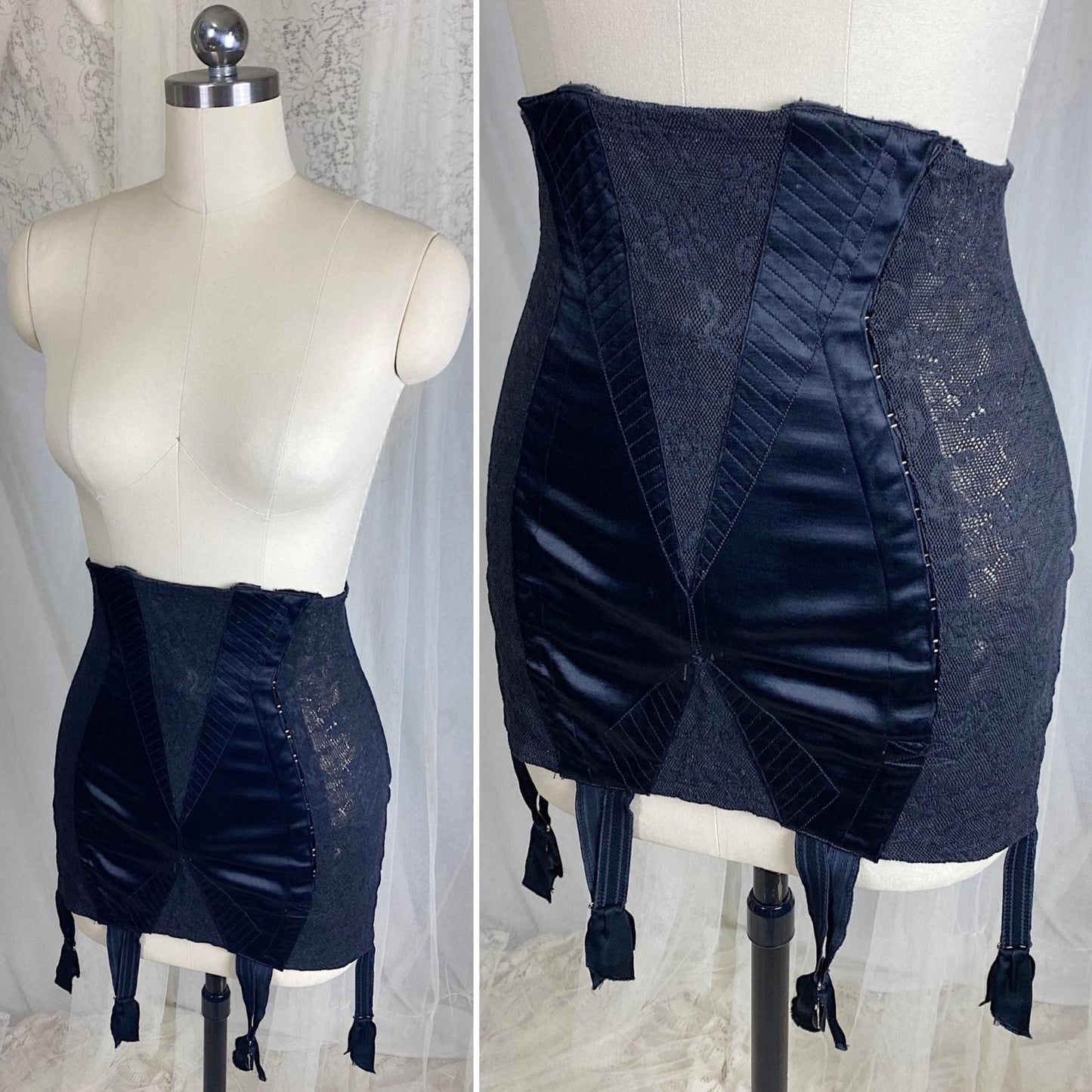 Vintage 1930's - 1940's Girdle - Black Floral Lace with Art Deco Rayon Satin Panels | Size S, M | Fairbelt Dentellastex Tiburce Lebas, Paris - Daggers & Dames