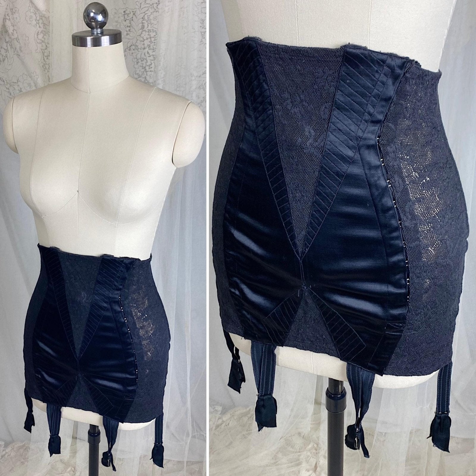 Vintage 1930's - 1940's Girdle - Black Floral Lace with Art Deco Rayon Satin Panels | Size S, M | Fairbelt Dentellastex Tiburce Lebas, Paris - Daggers & Dames
