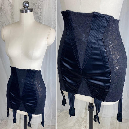 Vintage 1930's - 1940's Girdle - Black Floral Lace with Art Deco Rayon Satin Panels | Size S, M | Fairbelt Dentellastex Tiburce Lebas, Paris - Daggers & Dames