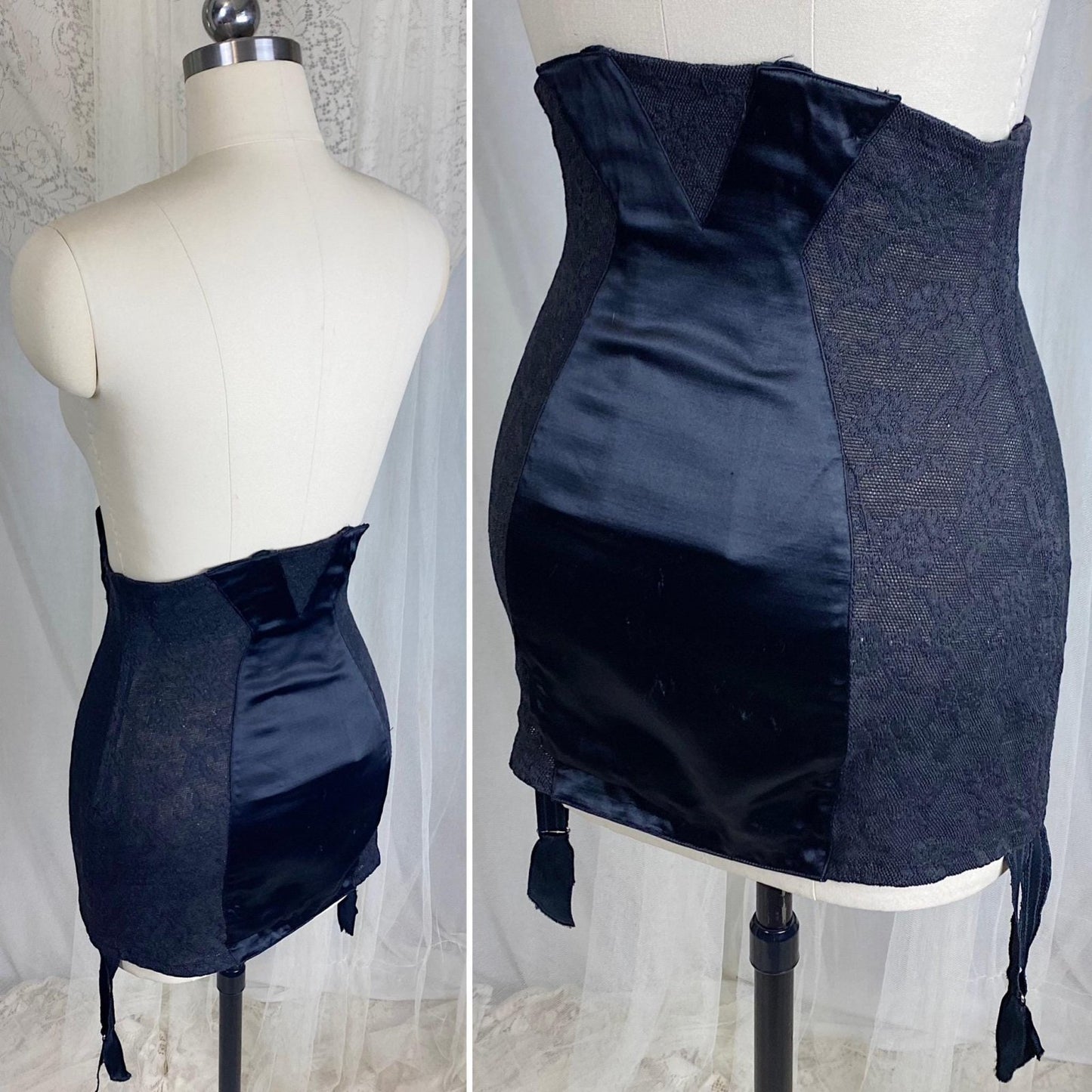 Vintage 1930's - 1940's Girdle - Black Floral Lace with Art Deco Rayon Satin Panels | Size S, M | Fairbelt Dentellastex Tiburce Lebas, Paris - Daggers & Dames