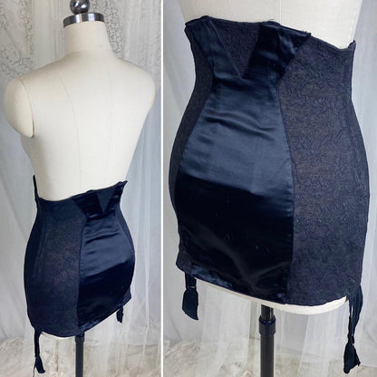 Vintage 1930's - 1940's Girdle - Black Floral Lace with Art Deco Rayon Satin Panels | Size S, M | Fairbelt Dentellastex Tiburce Lebas, Paris - Daggers & Dames