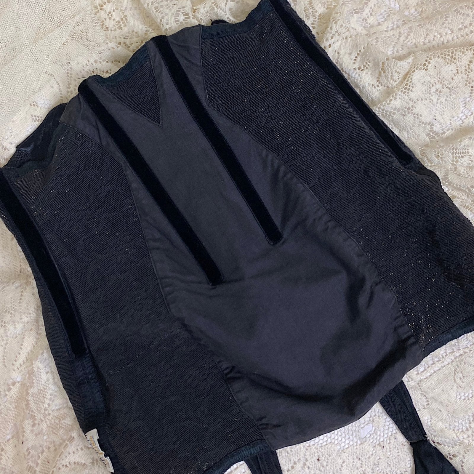 Vintage 1930's - 1940's Girdle - Black Floral Lace with Art Deco Rayon Satin Panels | Size S, M | Fairbelt Dentellastex Tiburce Lebas, Paris - Daggers & Dames