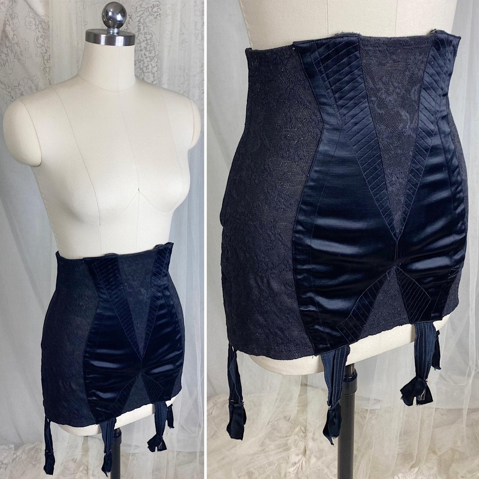 Vintage 1930's - 1940's Girdle - Black Floral Lace with Art Deco Rayon Satin Panels | Size S, M | Fairbelt Dentellastex Tiburce Lebas, Paris - Daggers & Dames