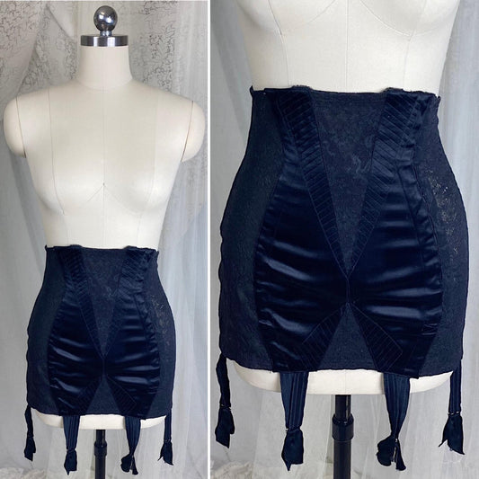 Vintage 1930's - 1940's Girdle - Black Floral Lace with Art Deco Rayon Satin Panels | Size S, M | Fairbelt Dentellastex Tiburce Lebas, Paris - Daggers & Dames