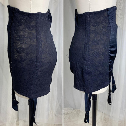 Vintage 1930's - 1940's Girdle - Black Floral Lace with Art Deco Rayon Satin Panels | Size S, M | Fairbelt Dentellastex Tiburce Lebas, Paris - Daggers & Dames