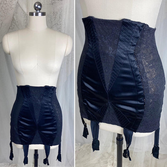 Vintage 1930's - 1940's Girdle - Black Floral Lace with Art Deco Rayon Satin Panels | Size S, M | Fairbelt Dentellastex Tiburce Lebas, Paris - Daggers & Dames