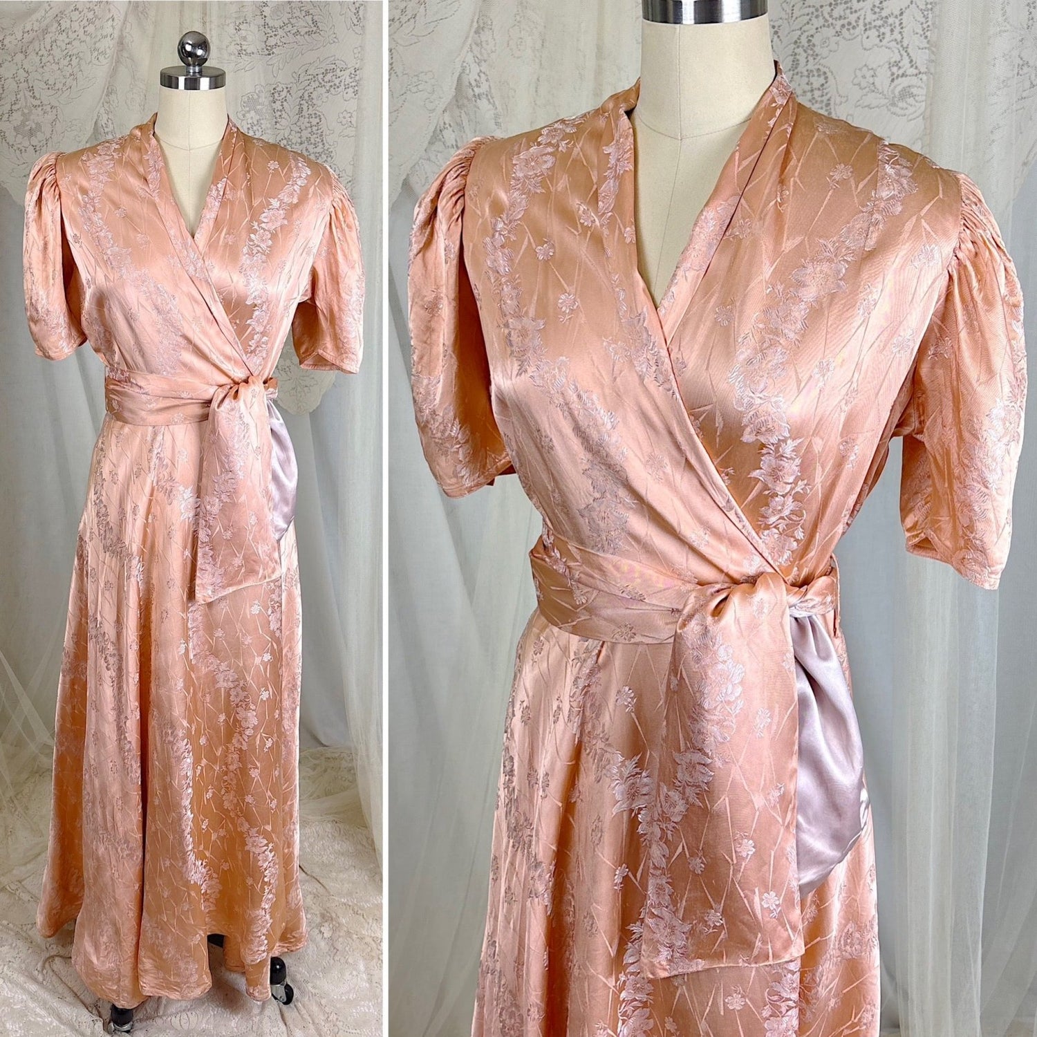 Vintage 1930's - 1940's Golden Coral & Lavender Rayon Satin Damask Robe with Obi Style Belt - Size S, M - Daggers & Dames
