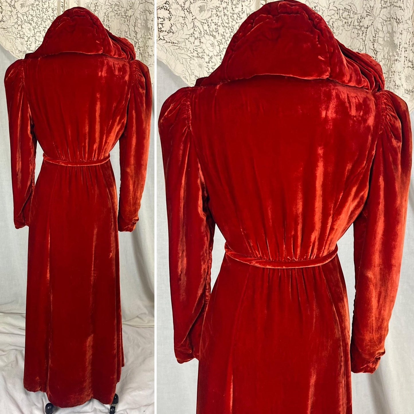 Vintage 1930's - 1940's Hooded Robe - Opera Coat | Rose Red Rayon Velvet with Taffeta Lining | Size XS, S - Daggers & Dames