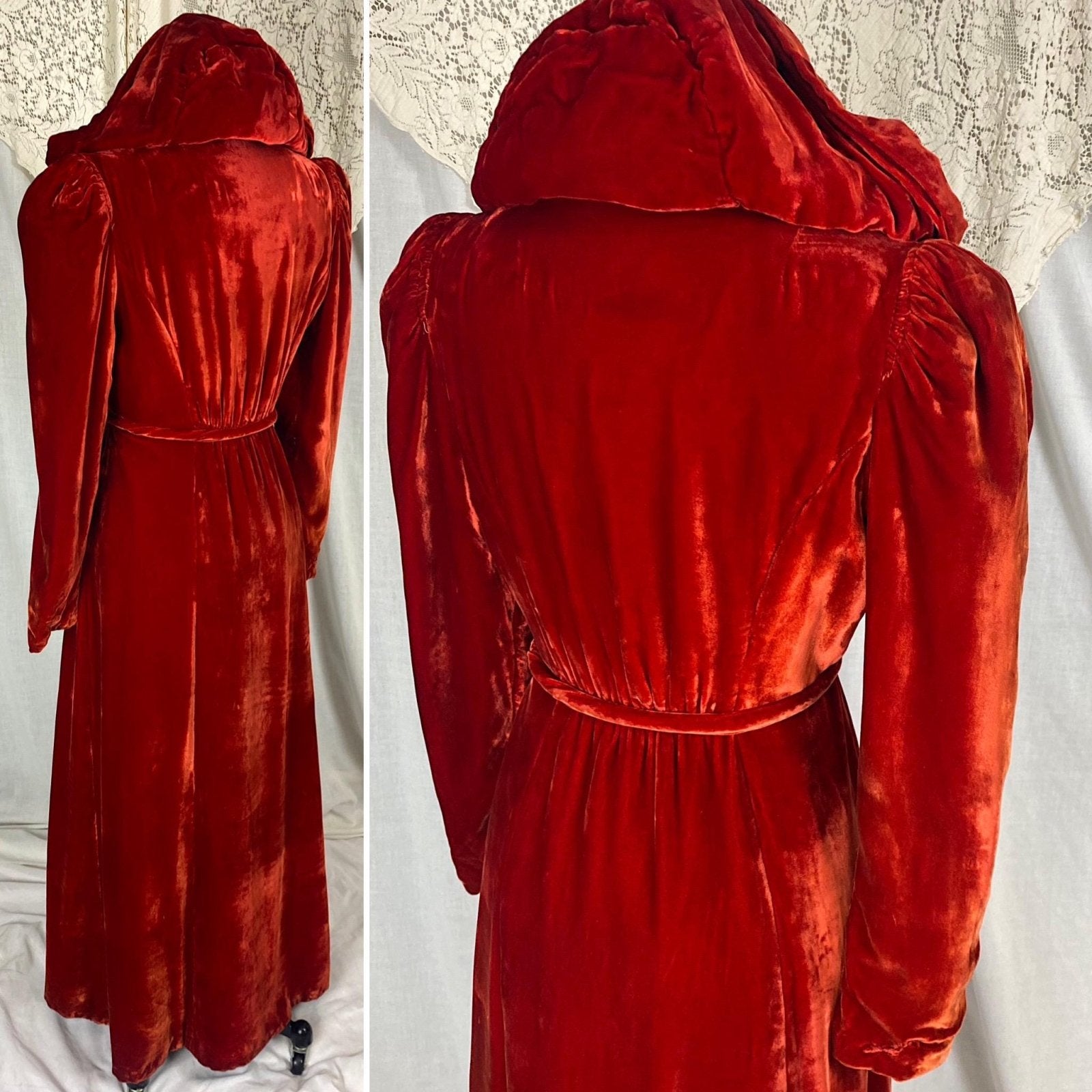 Vintage 1930's - 1940's Hooded Robe - Opera Coat | Rose Red Rayon Velvet with Taffeta Lining | Size XS, S - Daggers & Dames