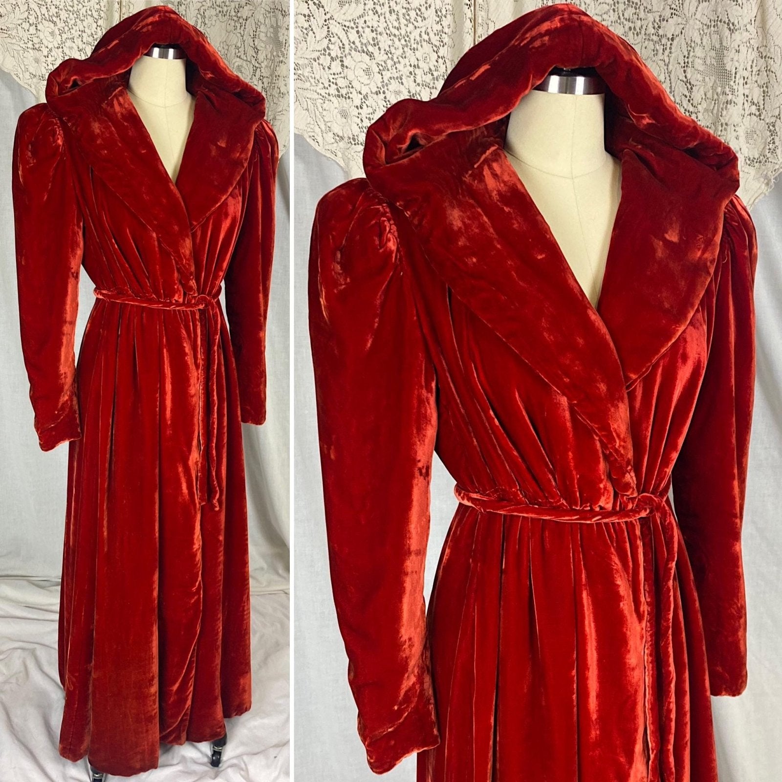 Vintage 1930's - 1940's Hooded Robe - Opera Coat | Rose Red Rayon Velvet with Taffeta Lining | Size XS, S - Daggers & Dames
