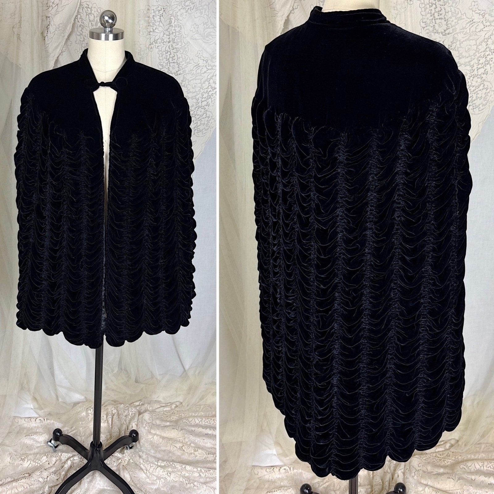 Vintage 1930's - 1940's Inky Black Velvet Cape with Coffin Pleat Design, size S, M, LG - Daggers & Dames