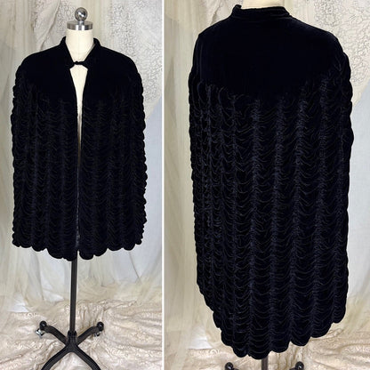 Vintage 1930's - 1940's Inky Black Velvet Cape with Coffin Pleat Design, size S, M, LG - Daggers & Dames