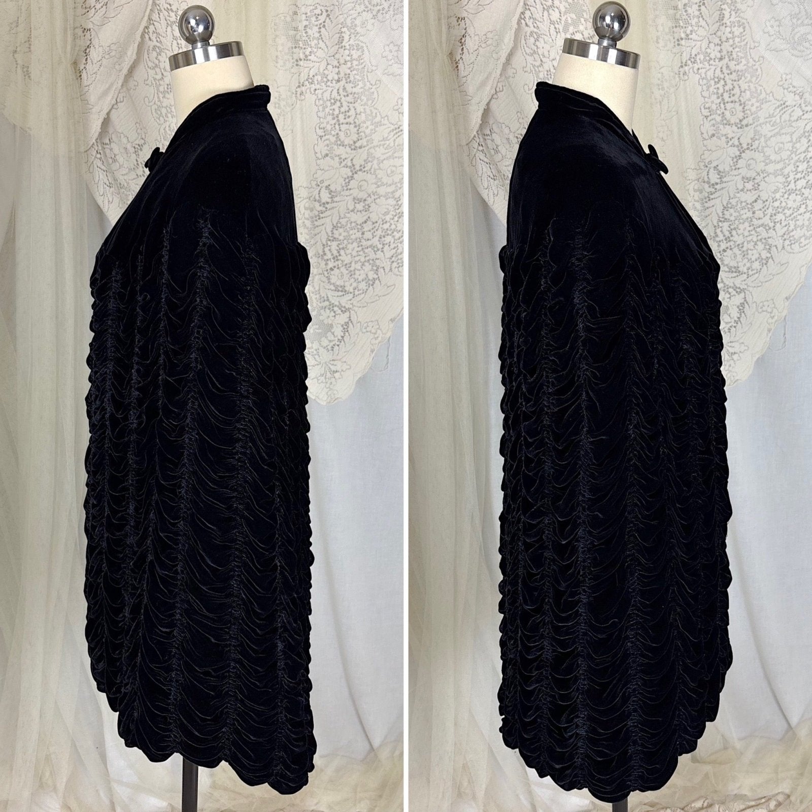 Vintage 1930's - 1940's Inky Black Velvet Cape with Coffin Pleat Design, size S, M, LG - Daggers & Dames