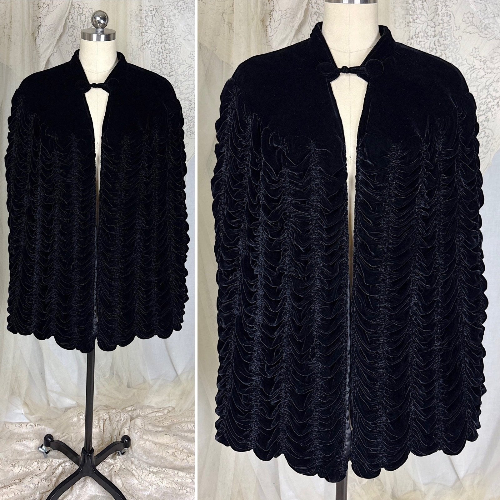Vintage 1930's - 1940's Inky Black Velvet Cape with Coffin Pleat Design, size S, M, LG - Daggers & Dames