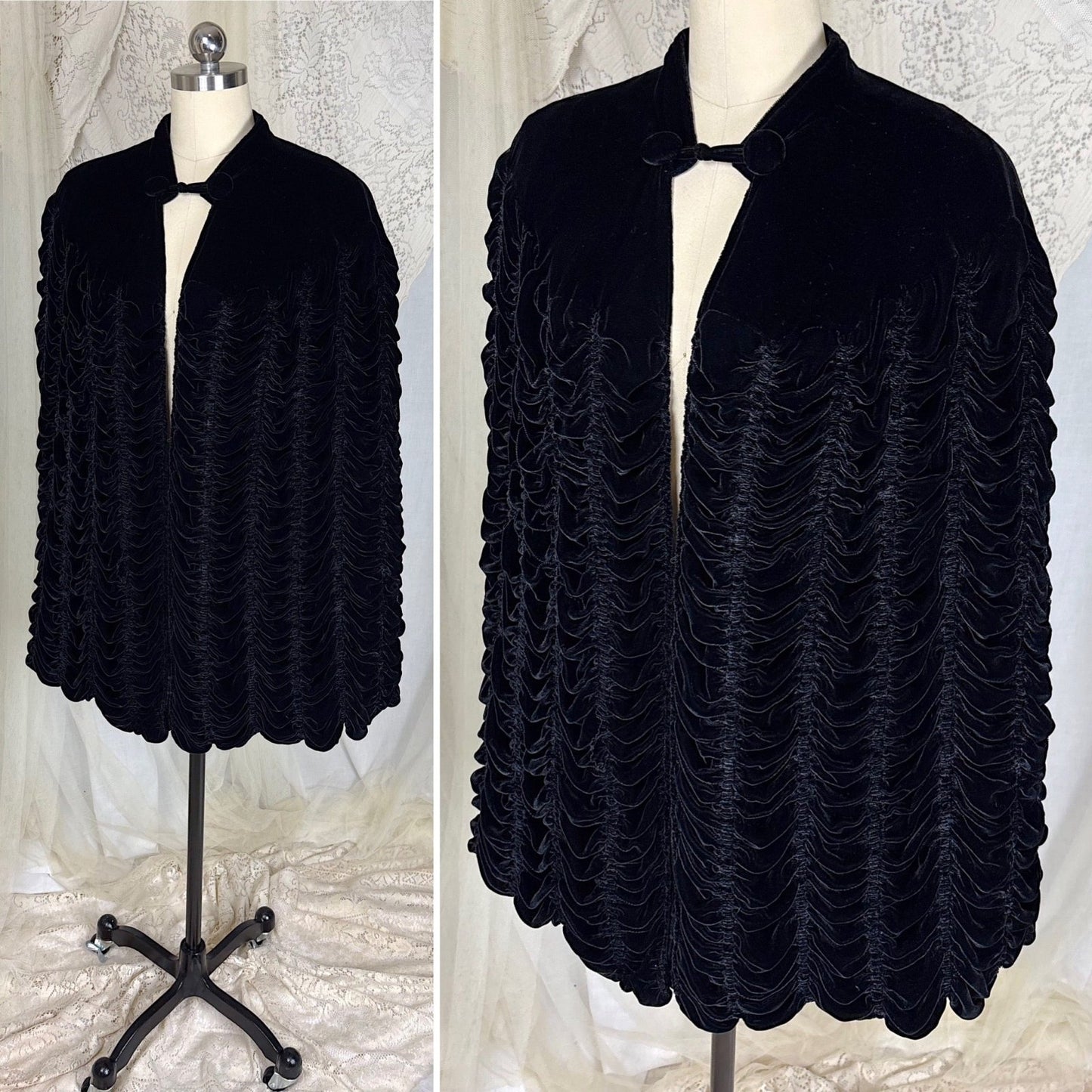 Vintage 1930's - 1940's Inky Black Velvet Cape with Coffin Pleat Design, size S, M, LG - Daggers & Dames