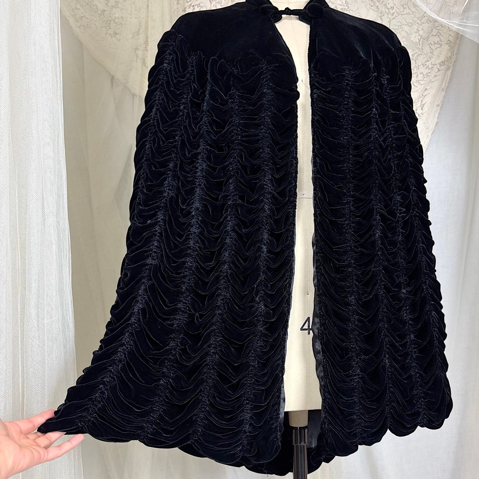Vintage 1930's - 1940's Inky Black Velvet Cape with Coffin Pleat Design, size S, M, LG - Daggers & Dames