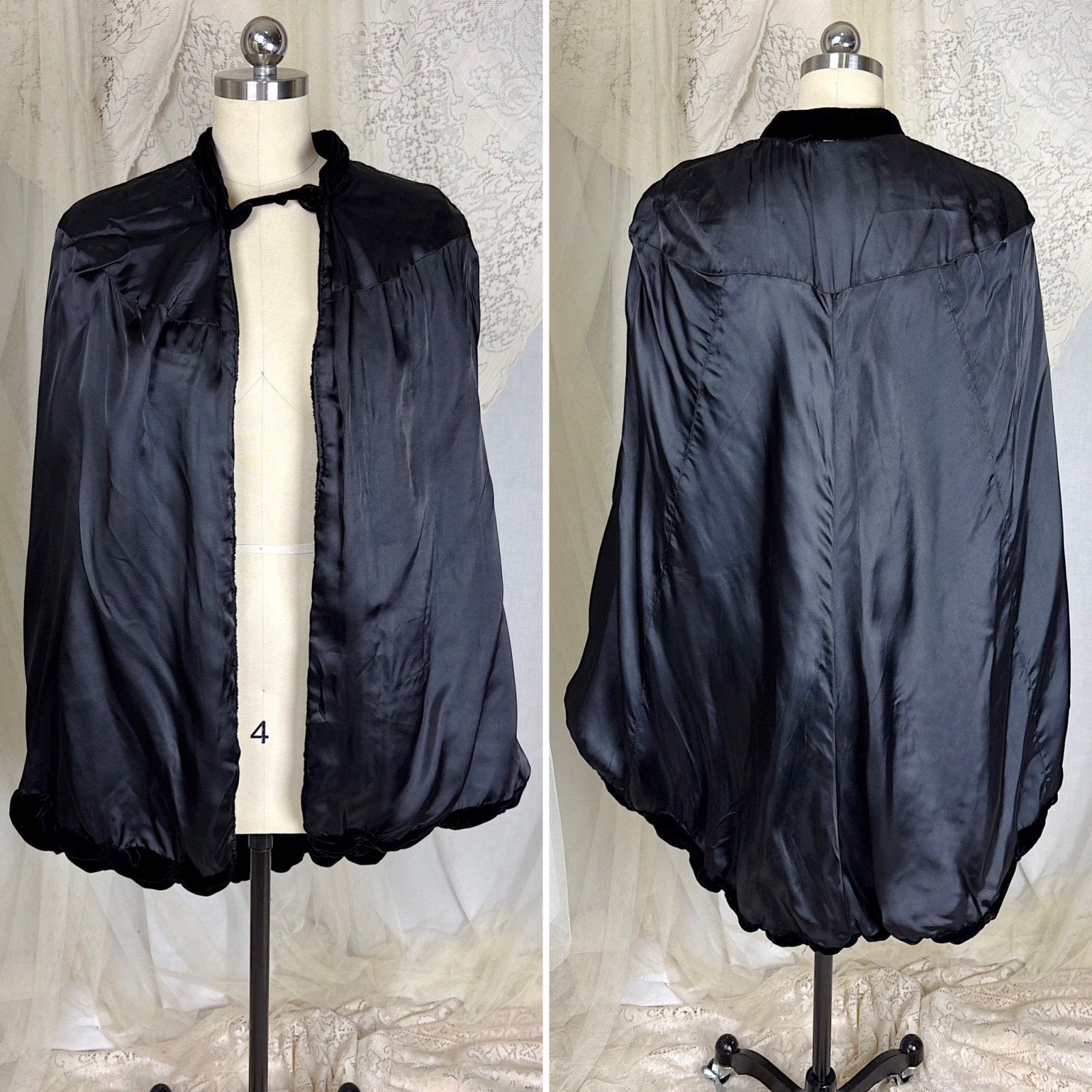 Vintage 1930's - 1940's Inky Black Velvet Cape with Coffin Pleat Design, size S, M, LG - Daggers & Dames