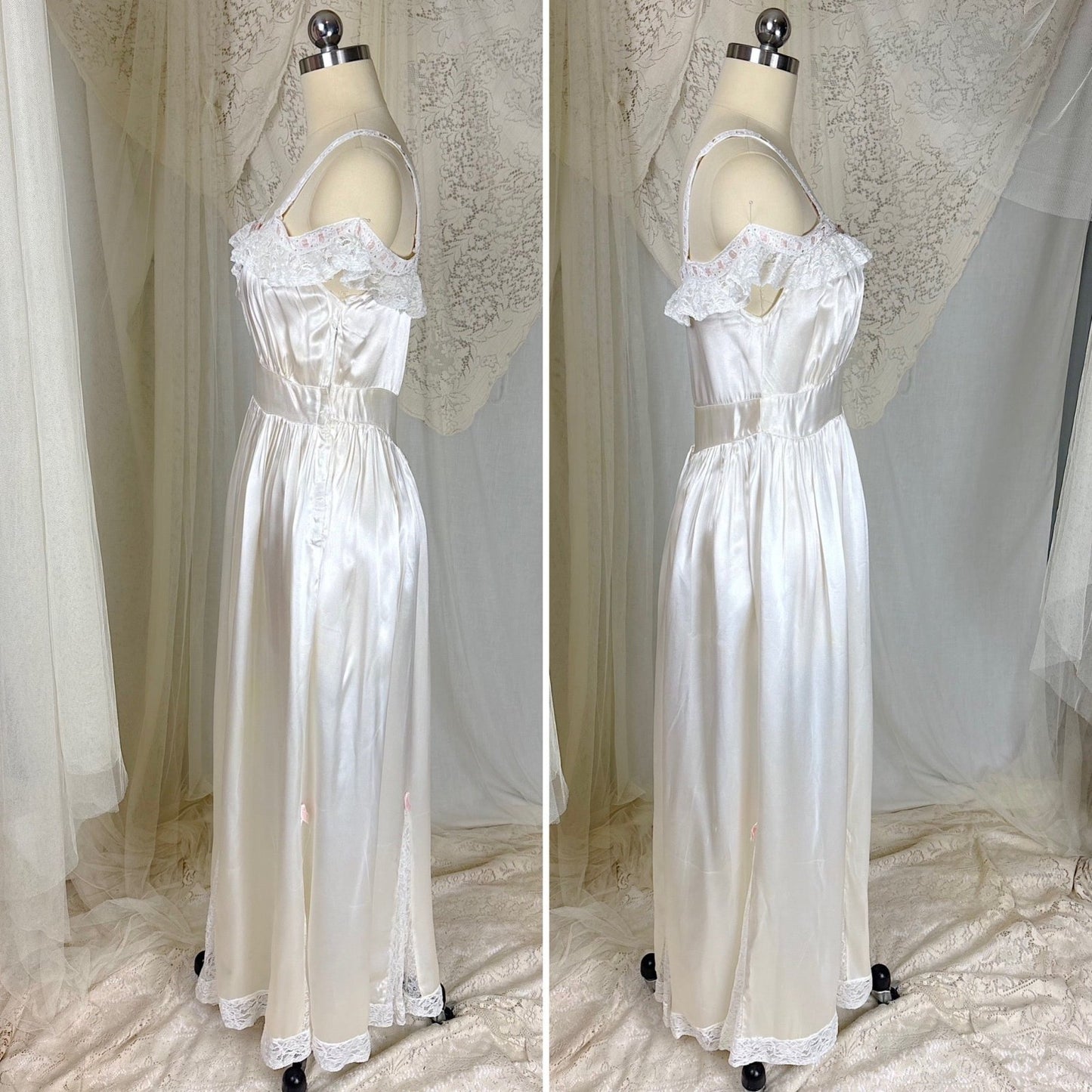 Vintage 1930's - 1940's Pearl White Rayon Satin & Chantilly Lace Nightgown & Bed Jacket Set, size XS - Daggers & Dames