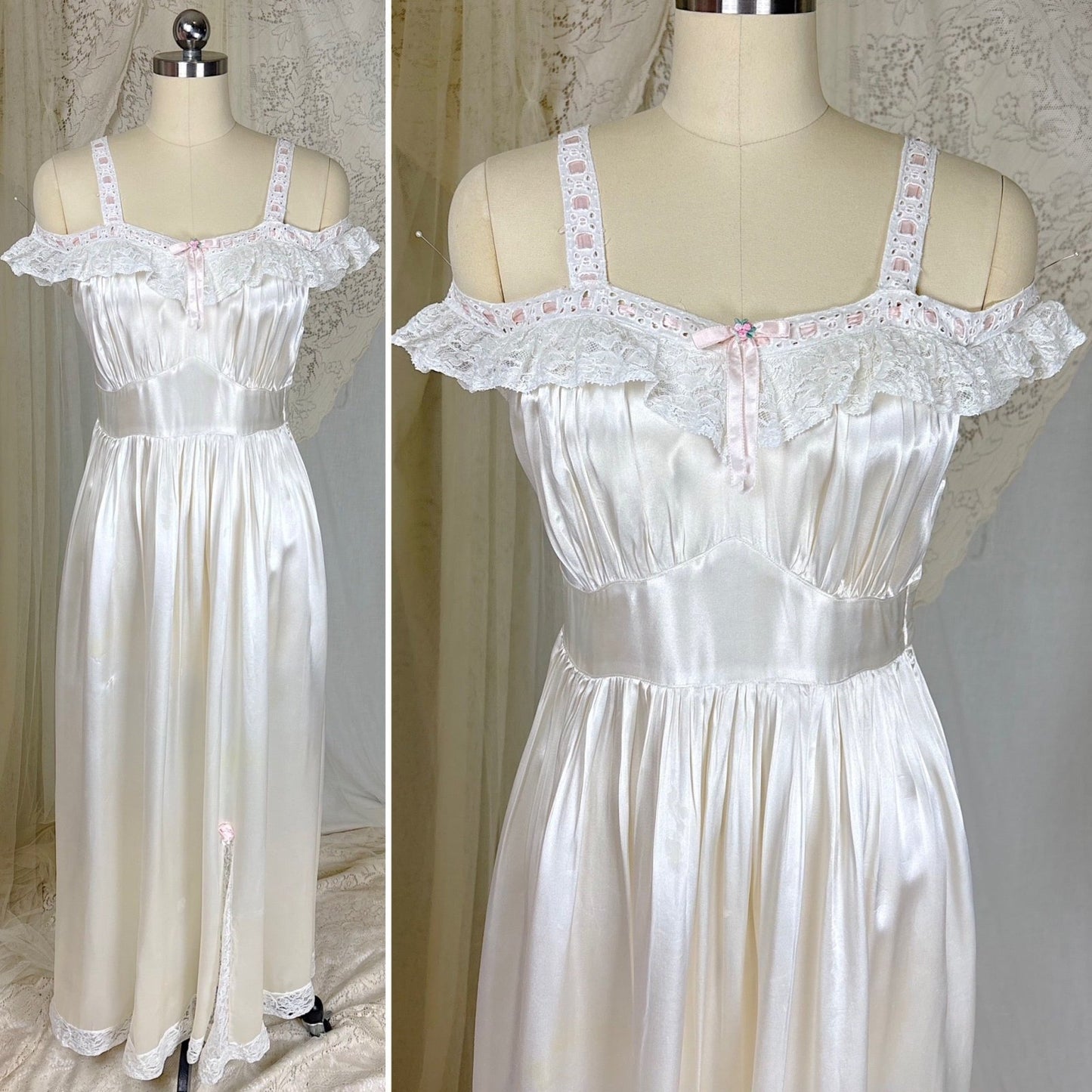 Vintage 1930's - 1940's Pearl White Rayon Satin & Chantilly Lace Nightgown & Bed Jacket Set, size XS - Daggers & Dames