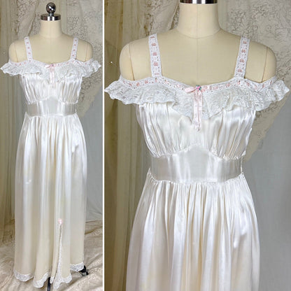 Vintage 1930's - 1940's Pearl White Rayon Satin & Chantilly Lace Nightgown & Bed Jacket Set, size XS - Daggers & Dames