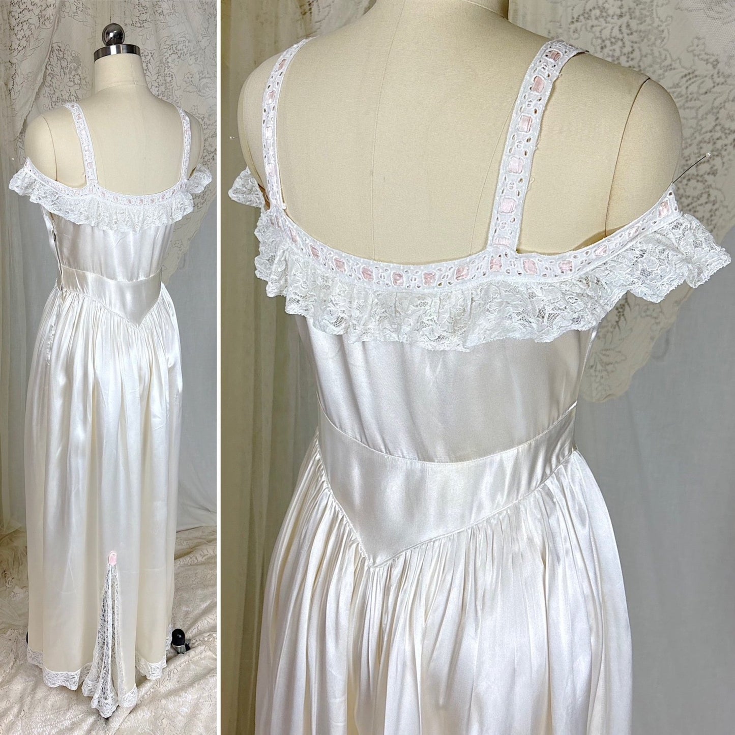 Vintage 1930's - 1940's Pearl White Rayon Satin & Chantilly Lace Nightgown & Bed Jacket Set, size XS - Daggers & Dames