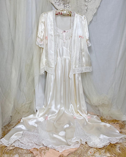 Vintage 1930's - 1940's Pearl White Rayon Satin & Chantilly Lace Nightgown & Bed Jacket Set, size XS - Daggers & Dames