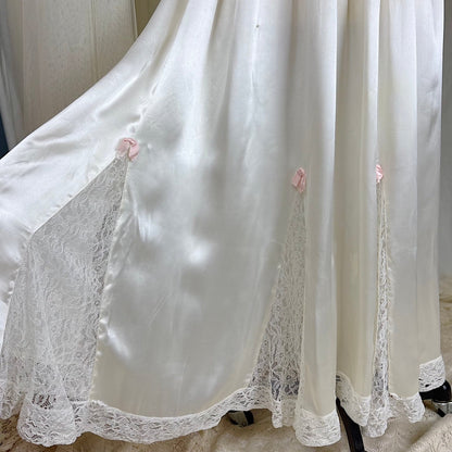 Vintage 1930's - 1940's Pearl White Rayon Satin & Chantilly Lace Nightgown & Bed Jacket Set, size XS - Daggers & Dames