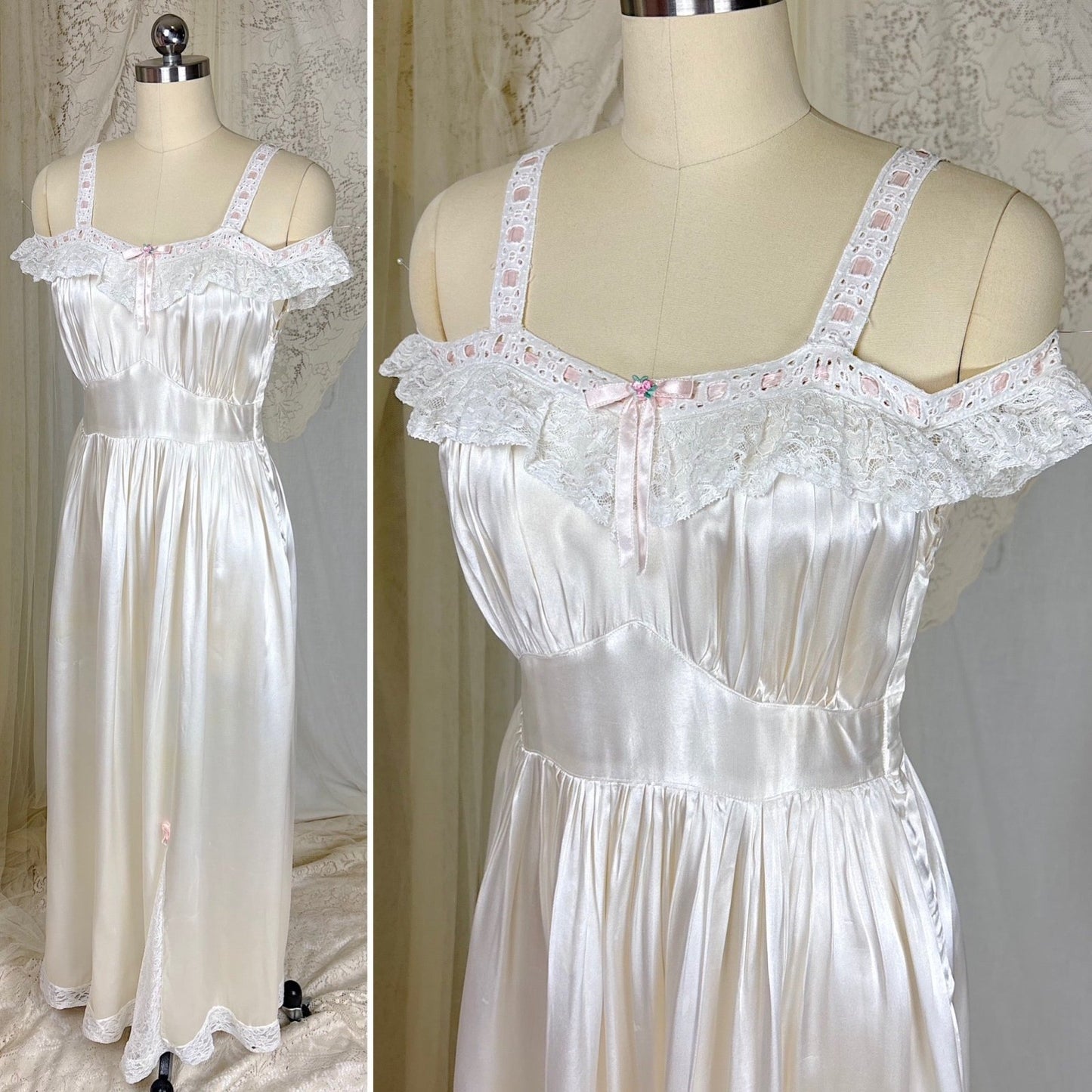 Vintage 1930's - 1940's Pearl White Rayon Satin & Chantilly Lace Nightgown & Bed Jacket Set, size XS - Daggers & Dames