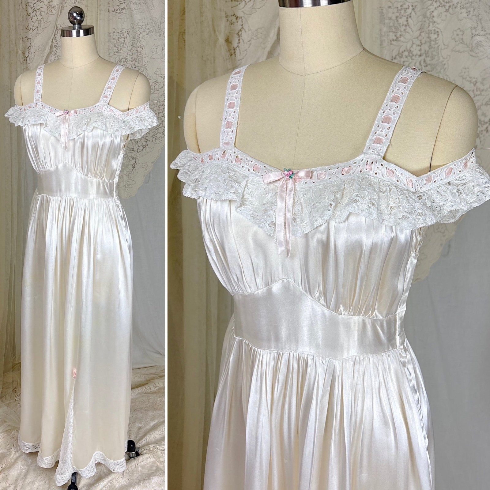Vintage 1930's - 1940's Pearl White Rayon Satin & Chantilly Lace Nightgown & Bed Jacket Set, size XS - Daggers & Dames