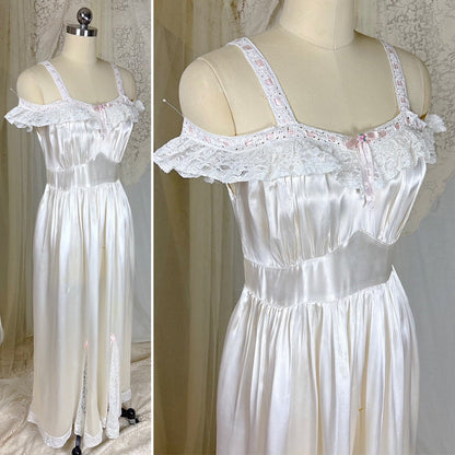 Vintage 1930's - 1940's Pearl White Rayon Satin & Chantilly Lace Nightgown & Bed Jacket Set, size XS - Daggers & Dames