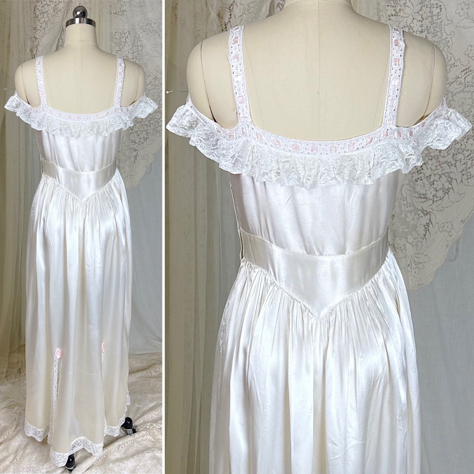 Vintage 1930's - 1940's Pearl White Rayon Satin & Chantilly Lace Nightgown & Bed Jacket Set, size XS - Daggers & Dames