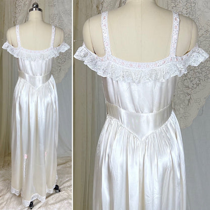 Vintage 1930's - 1940's Pearl White Rayon Satin & Chantilly Lace Nightgown & Bed Jacket Set, size XS - Daggers & Dames