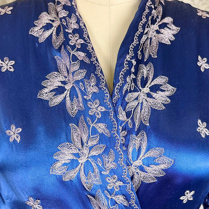 Vintage 1930's - 1940's Sapphire Blue Rayon Satin Dressing Gown with Silver Threaded Embroidery - By Ardele, Size S, M - Daggers & Dames
