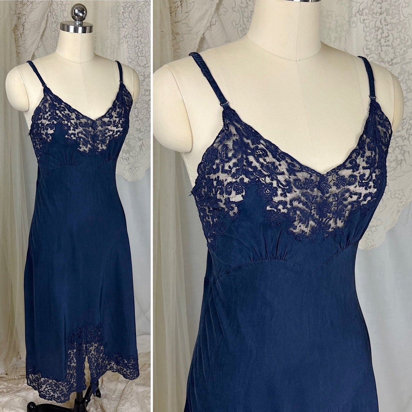 Vintage 1930's - 1940's Slip - Deep Indigo Blue Silk with Intricate Lace Detail - by Fischer's Heavenly Lingerie, size S, M - Daggers & Dames