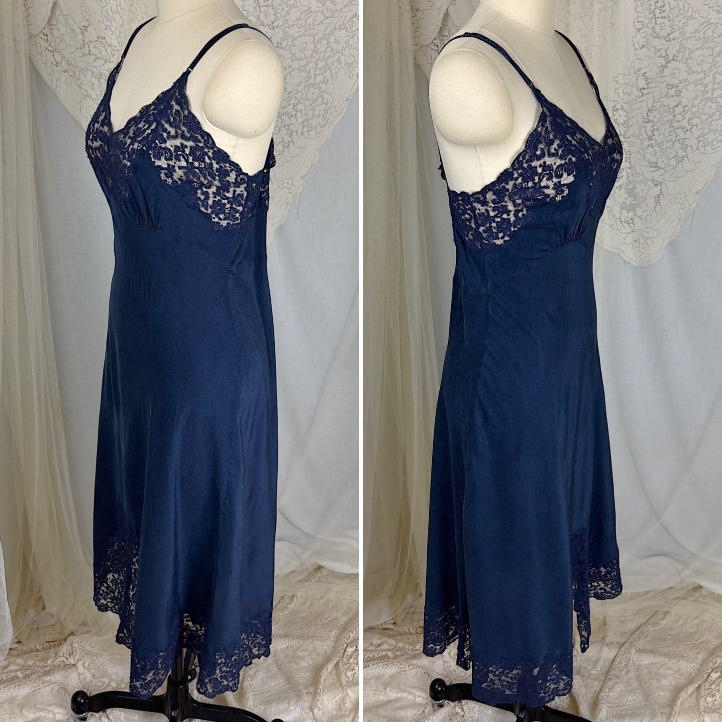 Vintage 1930's - 1940's Slip - Deep Indigo Blue Silk with Intricate Lace Detail - by Fischer's Heavenly Lingerie, size S, M - Daggers & Dames