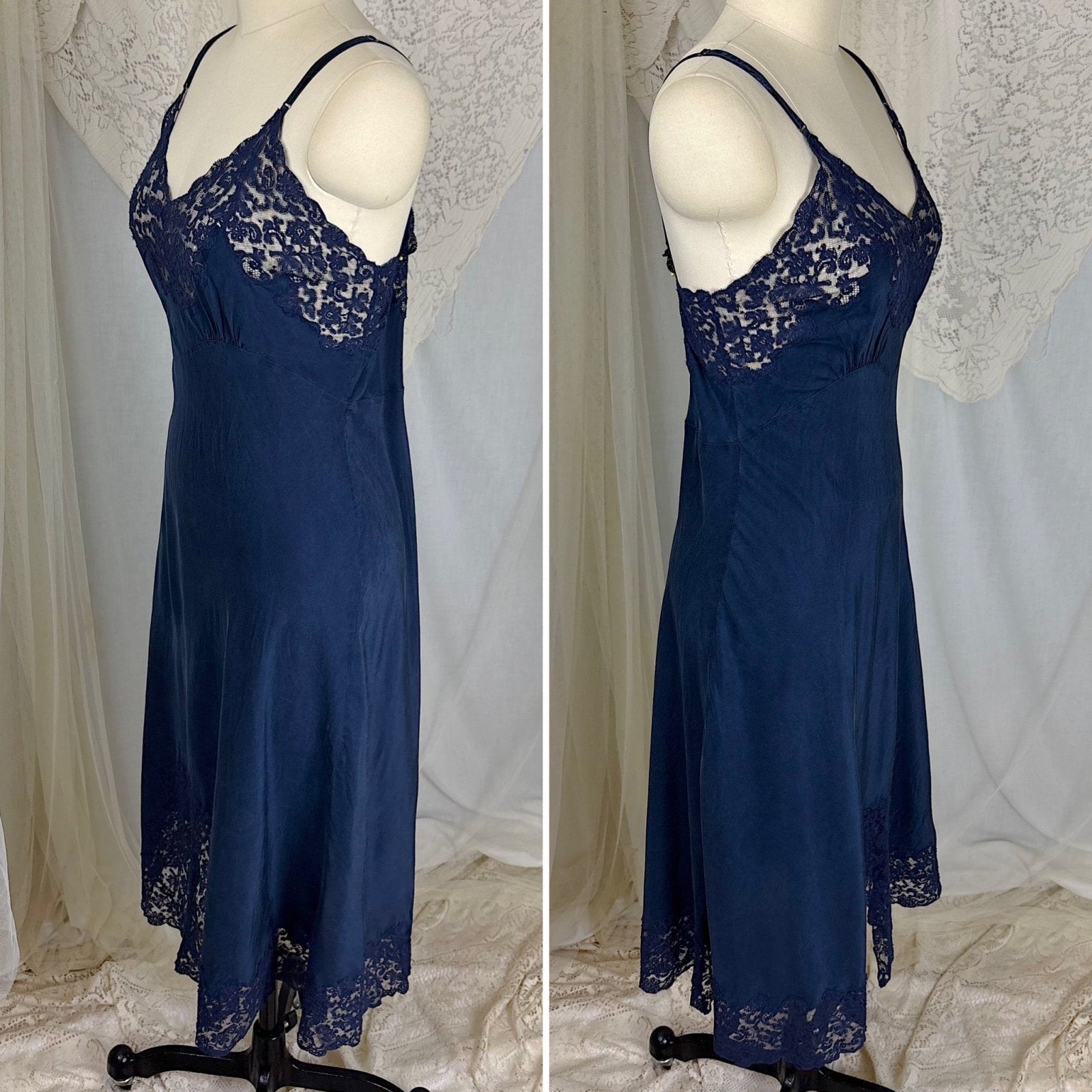 Vintage 1930's - 1940's Slip - Deep Indigo Blue Silk with Intricate Lace Detail - by Fischer's Heavenly Lingerie, size S, M - Daggers & Dames