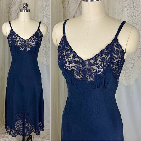Vintage 1930's - 1940's Slip - Deep Indigo Blue Silk with Intricate Lace Detail - by Fischer's Heavenly Lingerie, size S, M - Daggers & Dames