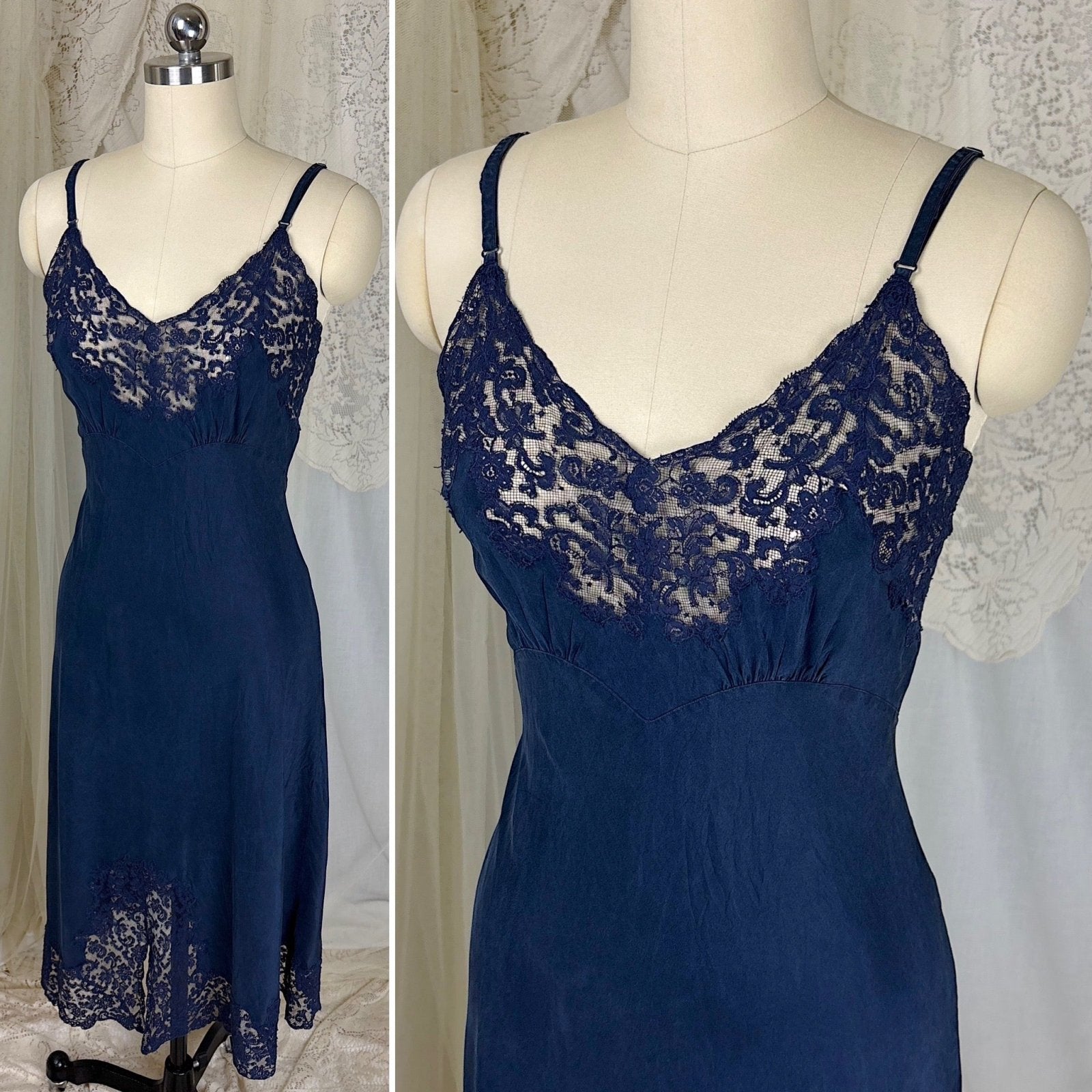 Vintage 1930's - 1940's Slip - Deep Indigo Blue Silk with Intricate Lace Detail - by Fischer's Heavenly Lingerie, size S, M - Daggers & Dames
